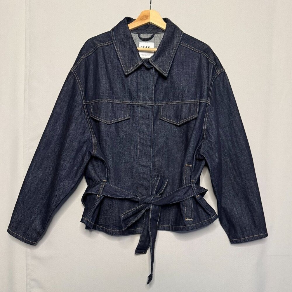 Zara 100% Cotton Rigid Dark Denim Belted Peplum Slouchy Oversized Jacket Large